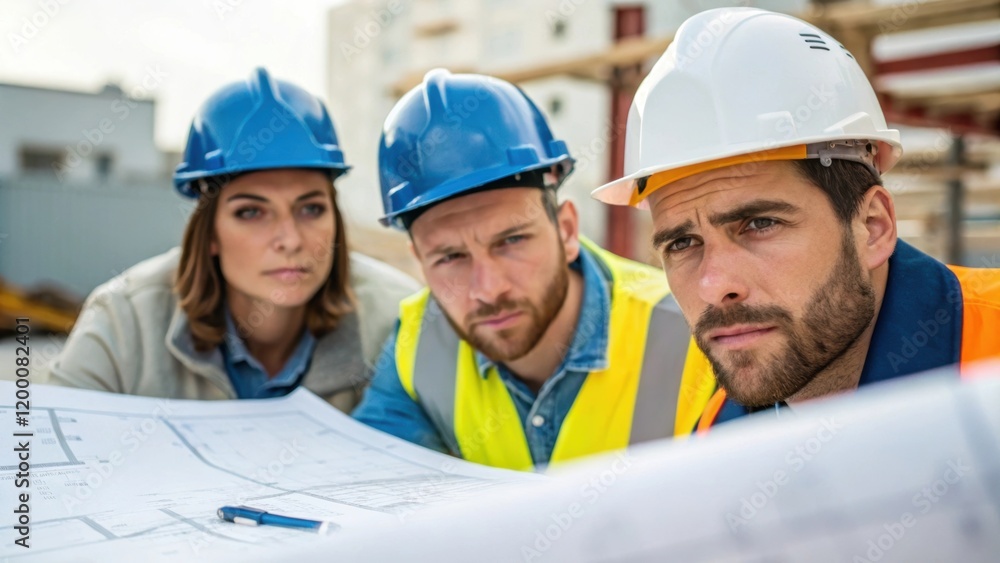 Poster a medium closeup capturing the faces of construction crew members as they communicate over plans hig
