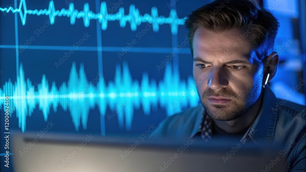 Poster A medium closeup capturing the concentration on an engineers face as they observe sound wave patterns on a computer screen illuminated by blue light.