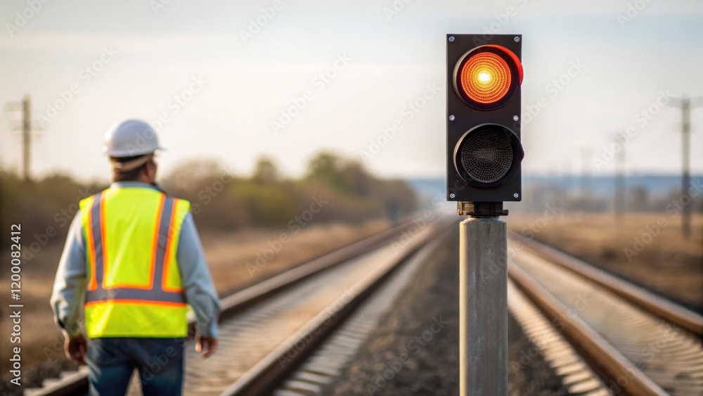 Poster A medium closeup capturing a worker standing next to a newly installed rail signal with the surrounding landscape blurred emphasizing the signals importance.