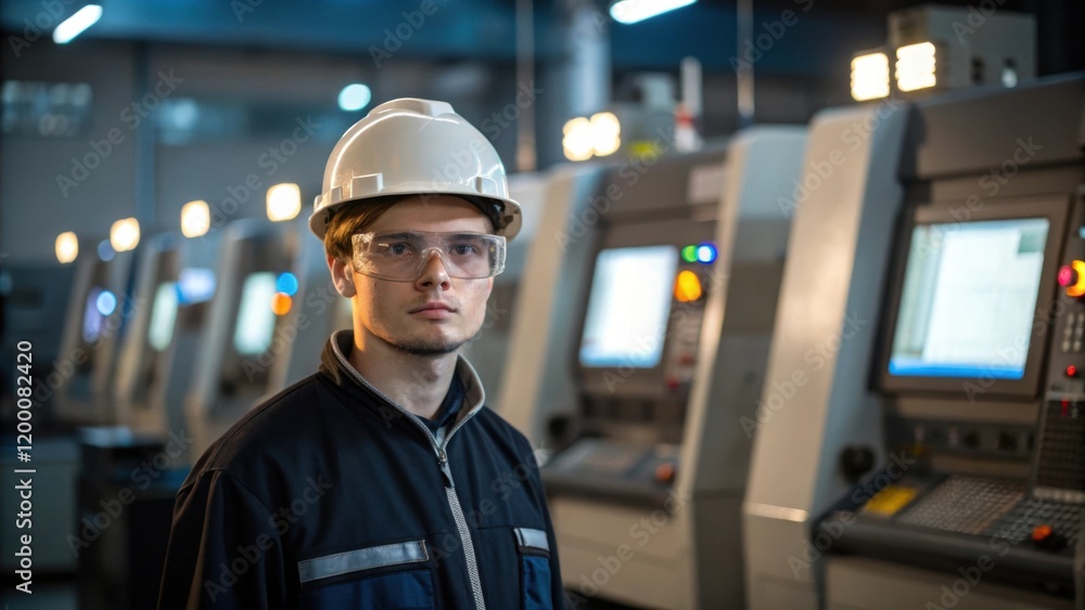 Aufkleber A medium closeup capturing a worker standing in front of multiple CNC machines their expression a blend of focus and responsibility as they monitor the production workflow.