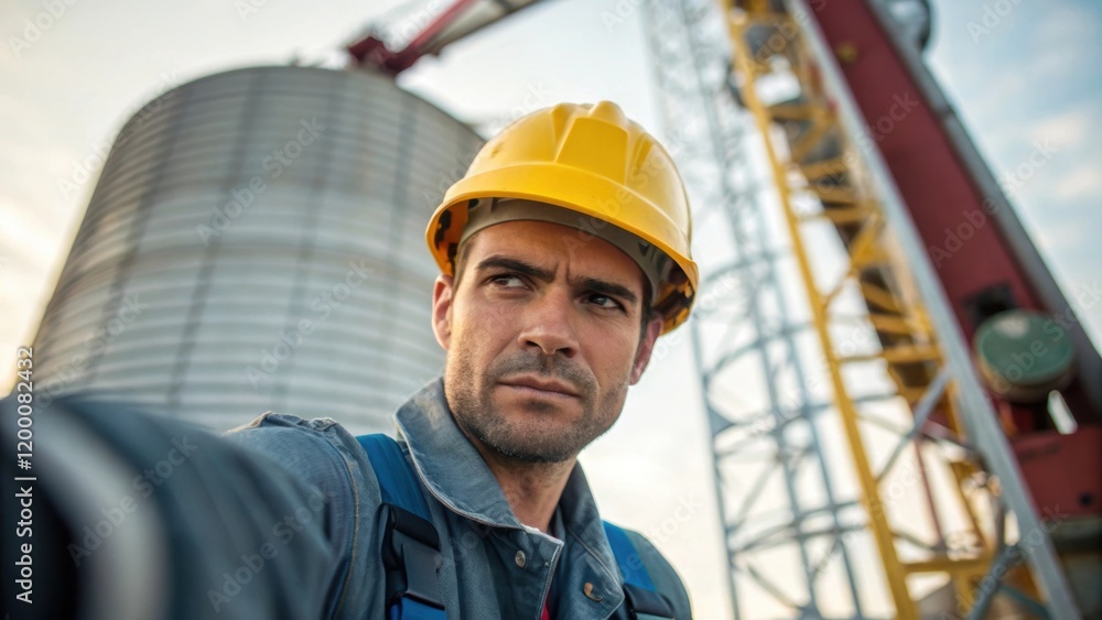 Poster a medium closeup capturing the determination in a workers eyes as they guide a crane operator gestur