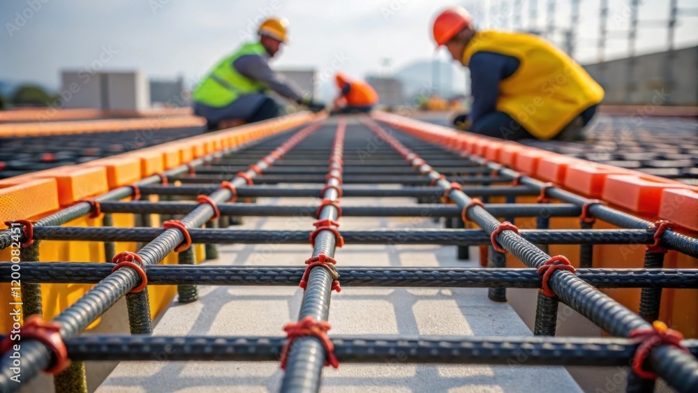 Aufkleber A medium closeup capturing the intricate layout of containment barriers with workers collaboratively placing interlocking sections for durability.