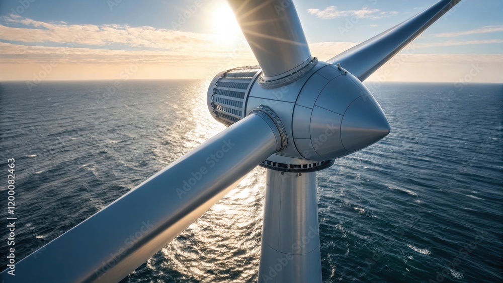 Poster a medium closeup capturing the intricate design of an offshore wind turbines rotor as sunlight glist