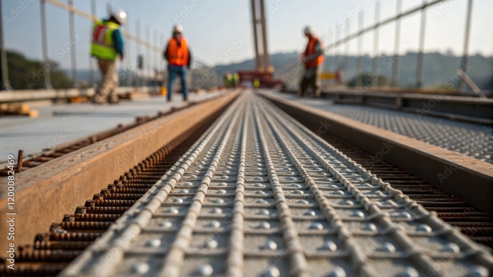 Aufkleber A medium closeup capturing the intricate surface texture of a prefabricated bridge section with workers in the background engaged in various installation activities showcasing
