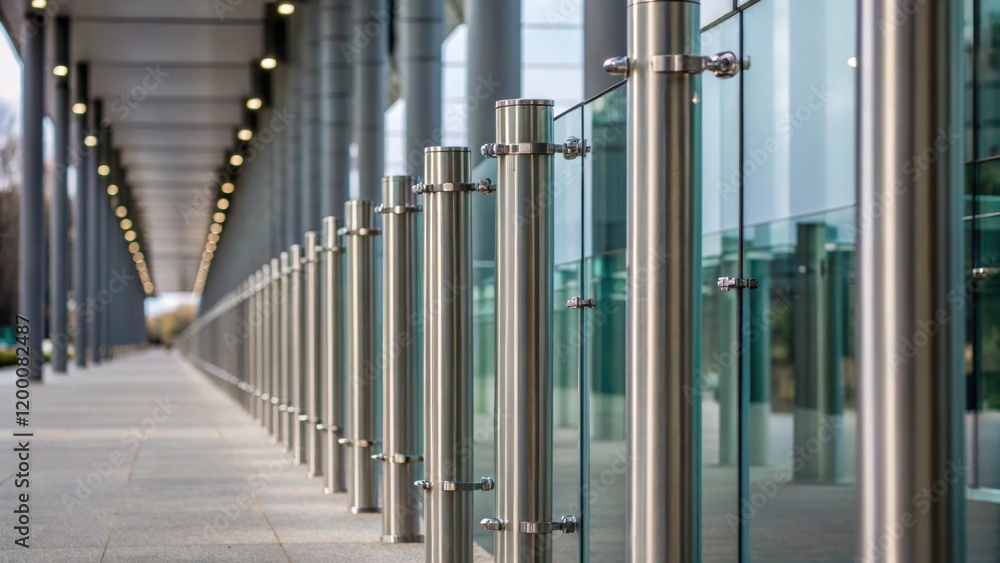 Poster A medium closeup capturing the vertical alignment of steel columns with glass sheets mounted between them emphasizing the symmetry and modern aesthetic of the installation.