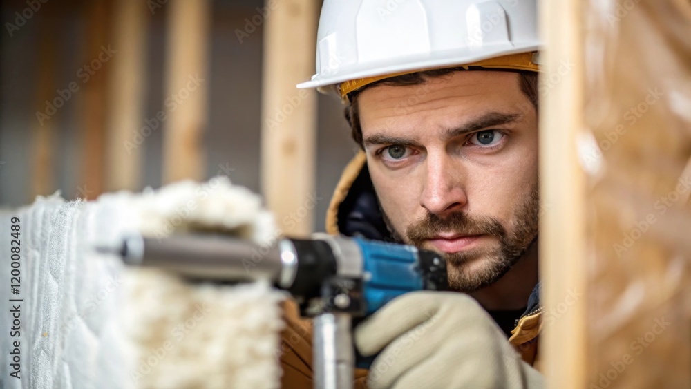 Aufkleber a medium closeup capturing the moment when a worker uses a specialized tool to secure insulation sho