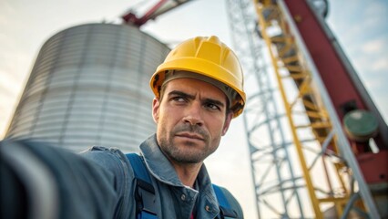 A medium closeup capturing the determination in a workers eyes as they guide a crane operator gesturing toward the next section of a silo being lifted into place.