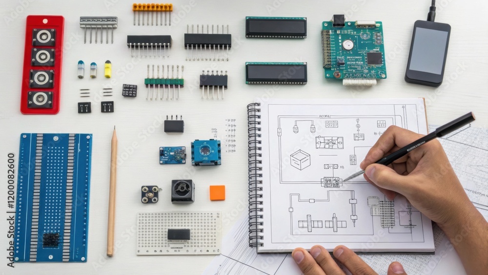 Poster A medium closeup featuring a variety of electronic components spread on a design table including sensors and relays with engineers actively sketching ideas on a notepad beside