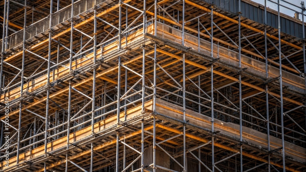 Aufkleber A medium closeup focusing on the intricate patterns formed by the temporary scaffolding capturing the geometry of the construction process and the structures support system.
