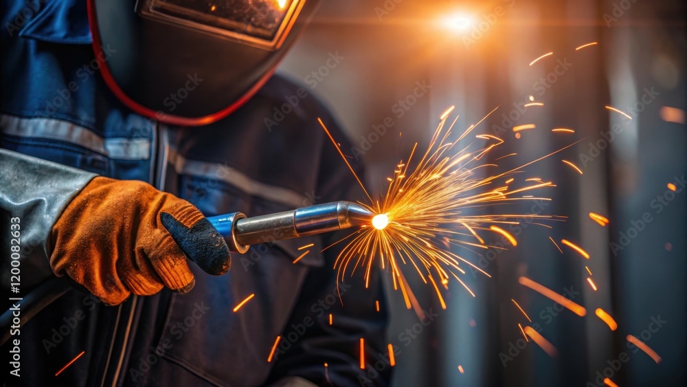Poster a medium closeup focusing on a welders hand gripping a welding torch with vivid orange sparks erupti
