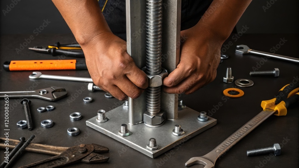 Aufkleber A medium closeup image of hands fastening bolts on a metallic support structure surrounded by tools tered around the site emphasizing the labor involved in assembly.
