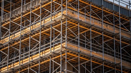 A medium closeup focusing on the intricate patterns formed by the temporary scaffolding capturing the geometry of the construction process and the structures support system.