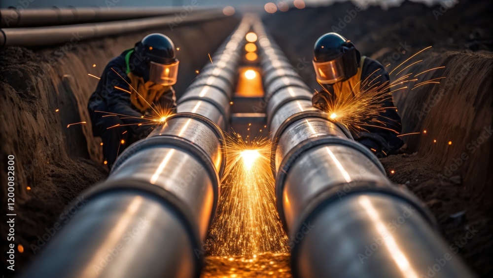 Poster a medium closeup image of pipeline welding taking place at the edge of the trench with sparks flying