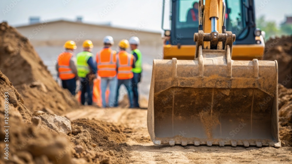 Poster a medium closeup of a backhoe excavating the ground with a team of workers wearing safety gear discu