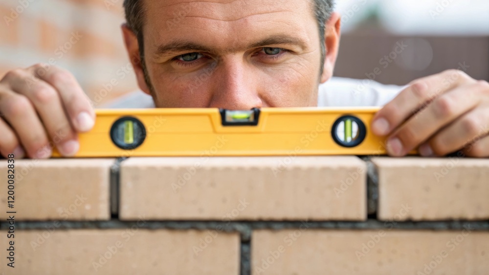 Poster A medium closeup of a bricklayer measuring a level with a spirit level with focus on the concentration on their face and the precision of the work.