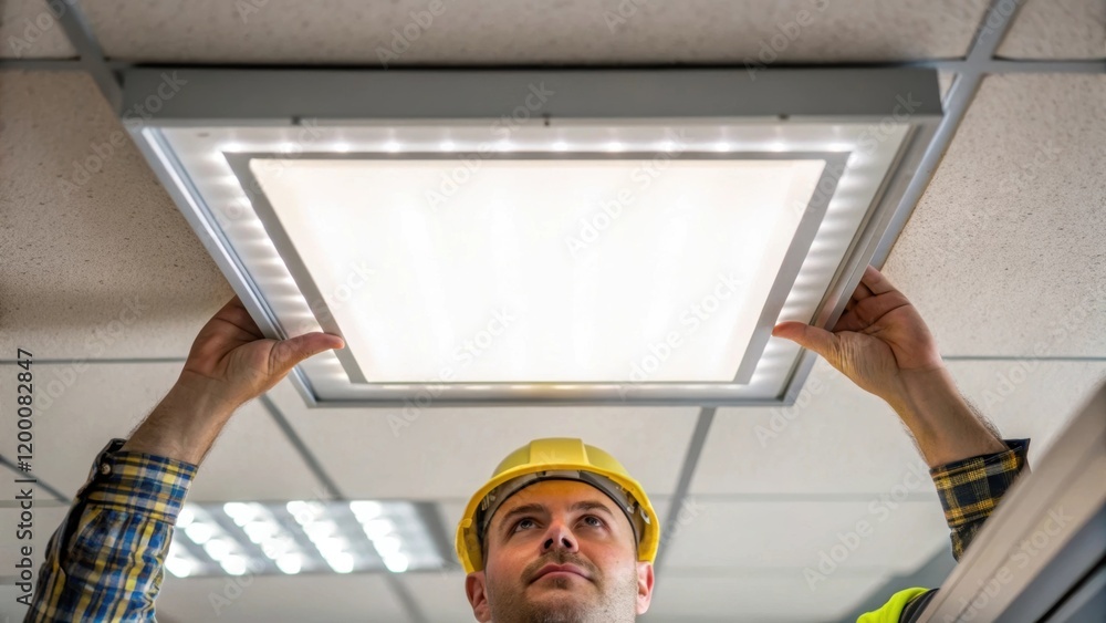 Aufkleber a medium closeup of a bright led panel being installed into a recessed ceiling mount showcasing the 