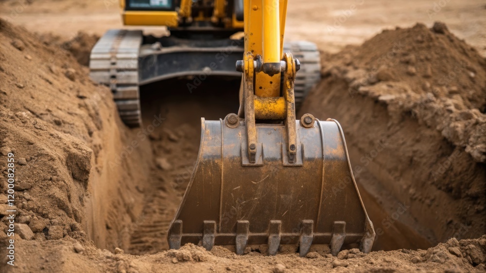 Poster a medium closeup of a backhoe excavators bucket partially submerged in dirt showcasing the machines 