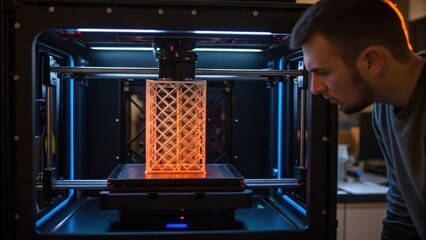 A medium closeup of a 3D printers build chamber lit up to reveal a complex lattice structure being printed with a worker observing from the side.