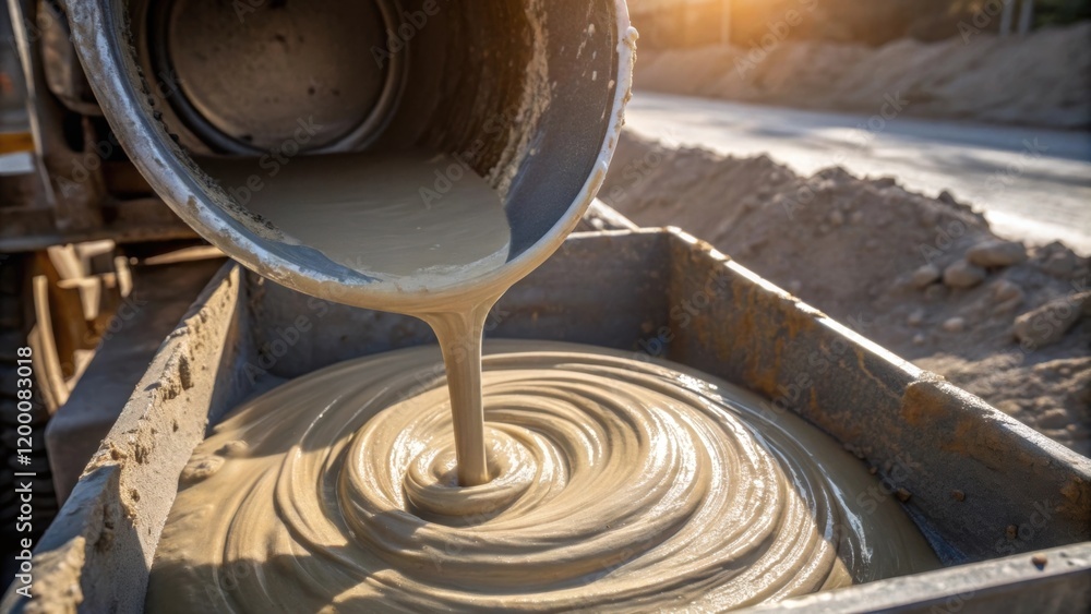 Poster A medium closeup of a concrete mixer pouring a smooth mix into forms for creating foundation bases with the swirling mixture catching sunlight.