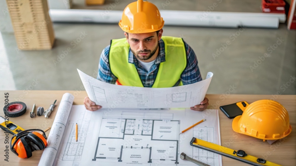Poster A medium closeup of a construction engineer reviewing blueprints on a large table with construction tools and safety gear tered around highlighting the planning stage of the