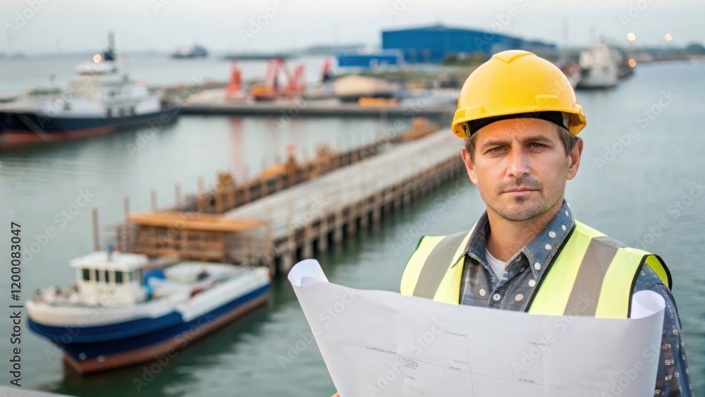 Poster A medium closeup of a construction supervisor holding a blueprint with a partially constructed floating dock and busy boats maneuvering in the harbor behind.