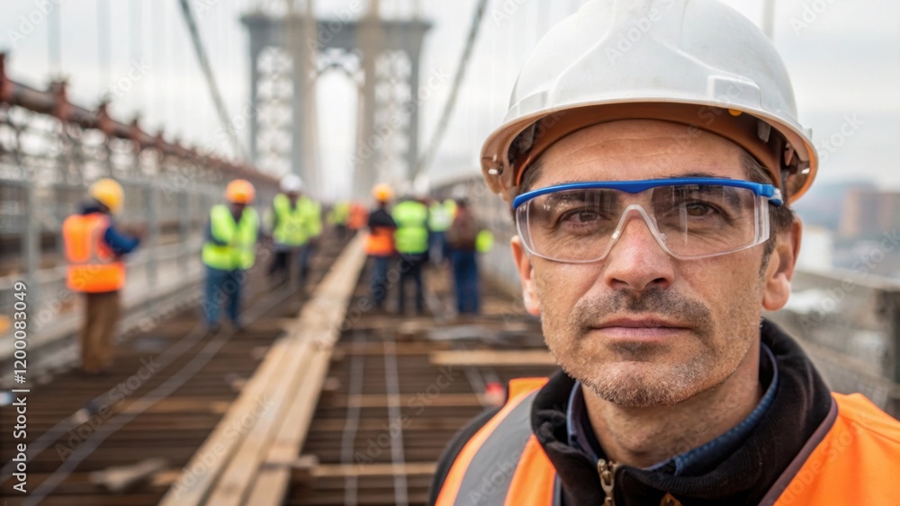 Poster A medium closeup of a construction supervisor observing the installation from a distance through safety glasses with the bridge assembly progressing in the foreground.