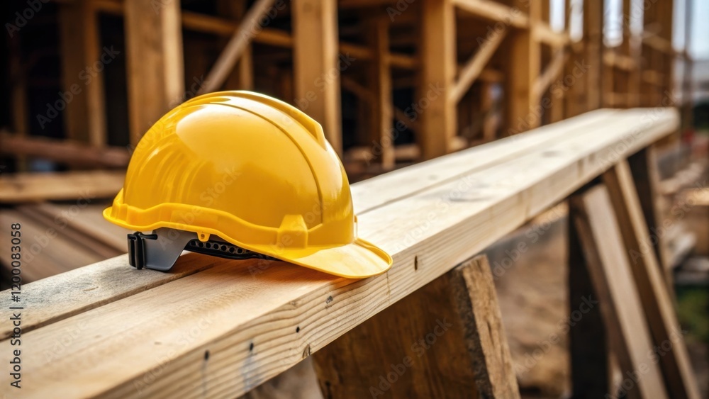 Poster a medium closeup of a construction helmet resting on a wooden beam symbolizing safety first and the 