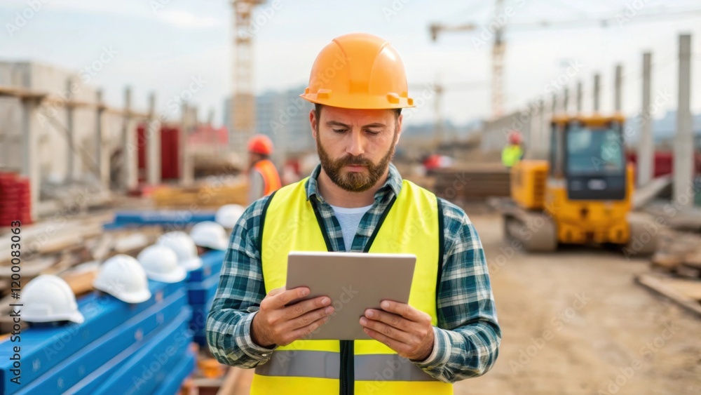 Poster a medium closeup of a construction site foreman reviewing environmental compliance reports on a tabl