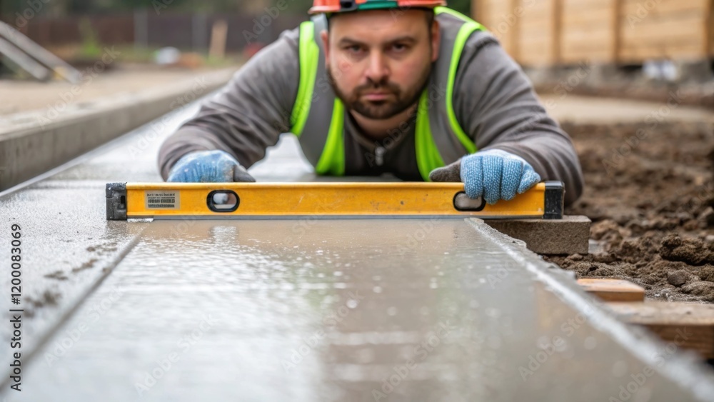 Leinwandbilder a medium closeup of a construction worker inspecting a newly poured foundation highlighting the text