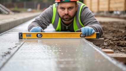 A medium closeup of a construction worker inspecting a newly poured foundation highlighting the texture of the wet concrete and the tools used to ensure a level surface.