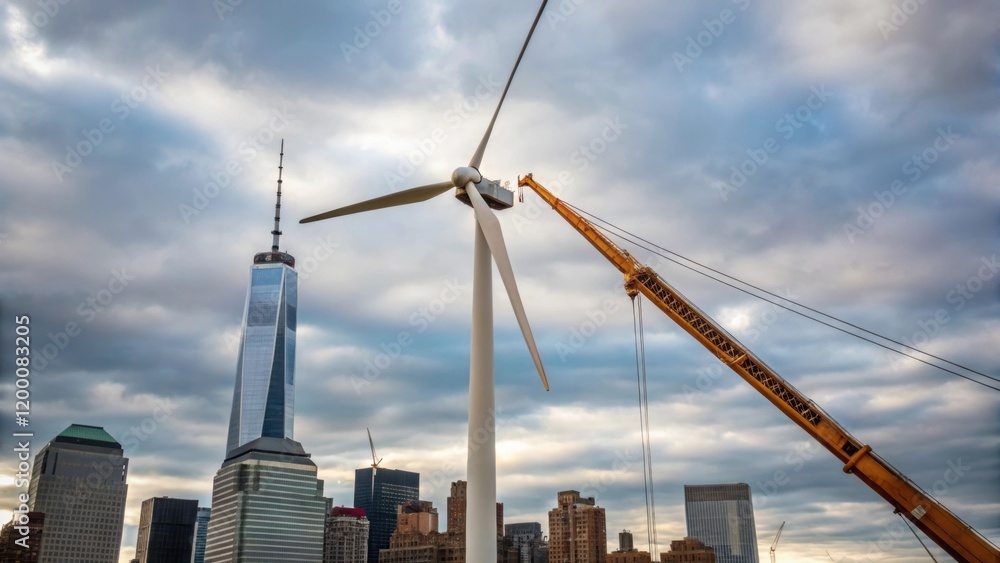Poster a medium closeup of a crane lifting a turbine into place capturing the moment of installation agains