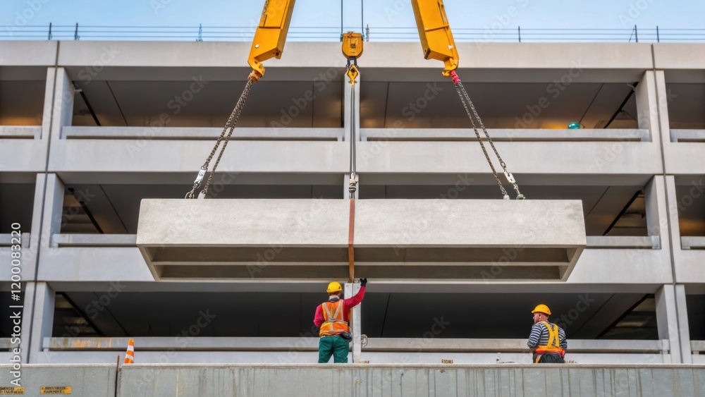 Poster a medium closeup of a crane lifting a massive prefabricated section of the parking structure with wo