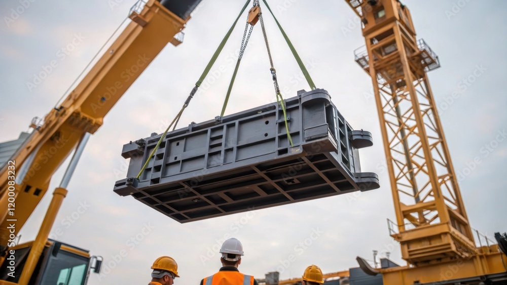 Aufkleber A medium closeup of a crane lifting a heavy module component into place with workers guiding it below illustrating the scale and complexity of the assembly process in ordinary
