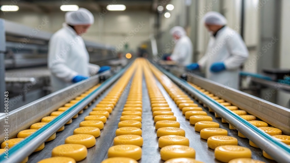 Poster A medium closeup of a conveyor belt transporting freshly manufactured seals with workers in the background performing quality control checks emphasizing the scale of production.