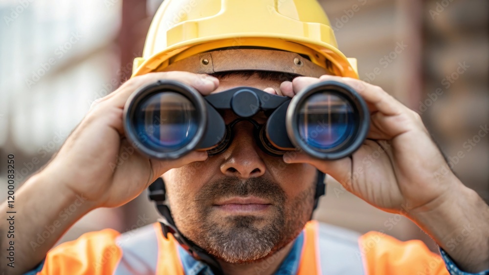 Aufkleber A medium closeup of a crane operators face wearing safety goggles and a hard hat peering through binoculars to observe the cranes movement reflecting the coordination required