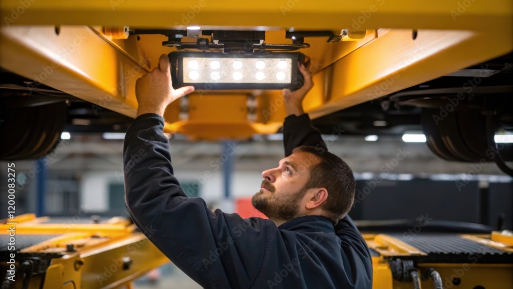 Poster a medium closeup of a crew member adjusting the angle of a newly installed industrial light ensuring