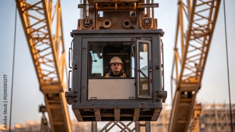 Poster A medium closeup of a crane lifting heavy equipment like circuit breakers with the operator visible through the cabin capturing the scale of the construction site.