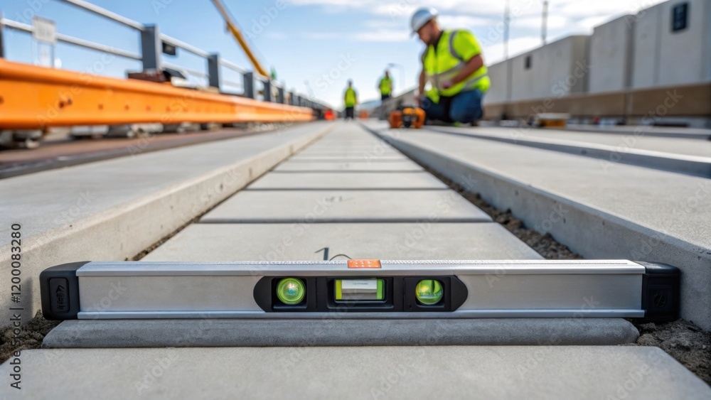 Poster A medium closeup of a digital level being adjusted on a newly installed pedestrian walkway section illustrating precision and accuracy in construction.