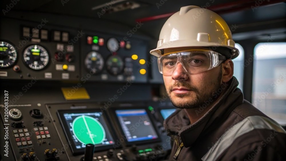 Aufkleber A medium closeup of a crew member in a hard hat and safety goggles concentrating intently on a control panel filled with gauges levers and screens displaying realtime data from the