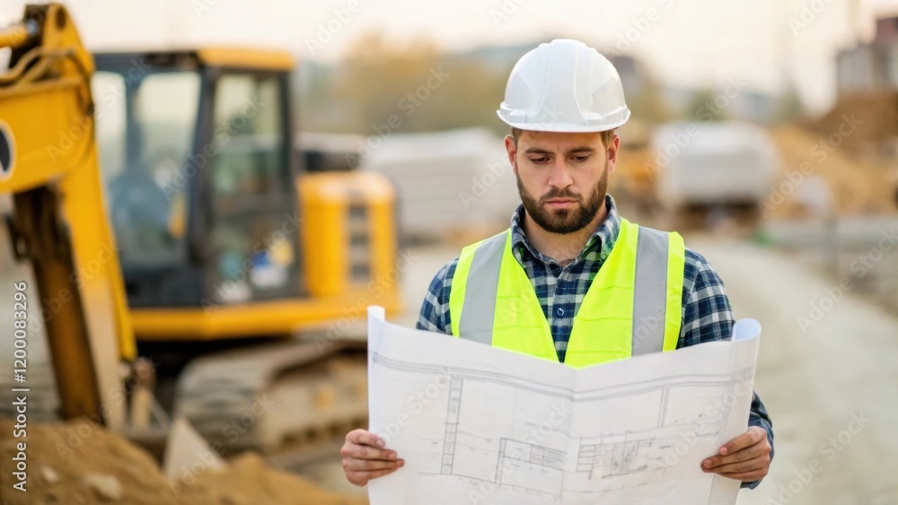 Poster a medium closeup of a crew member wearing a hard hat and reflective vest intently studying blueprint