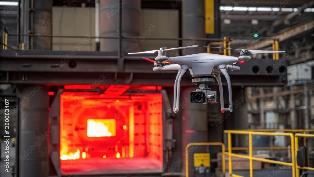 Poster a medium closeup of a drone flying close to an industrial furnace highlighting the intense heat sign