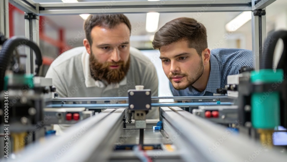 Fototapete A medium closeup of a discussion around a physical model of an automated assembly line capturing engineers examining its functionality and making adjustments based on their