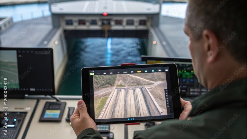 Poster a medium closeup of a drone operator monitoring the dams condition via a tablet screen with aerial v