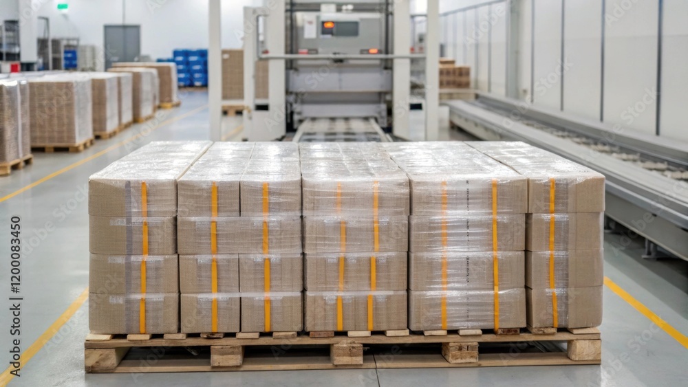 Aufkleber A medium closeup of a finished pallet of packaged goods neatly arranged and stretchwrapped demonstrating the final stage of the automated packaging process before distribution.