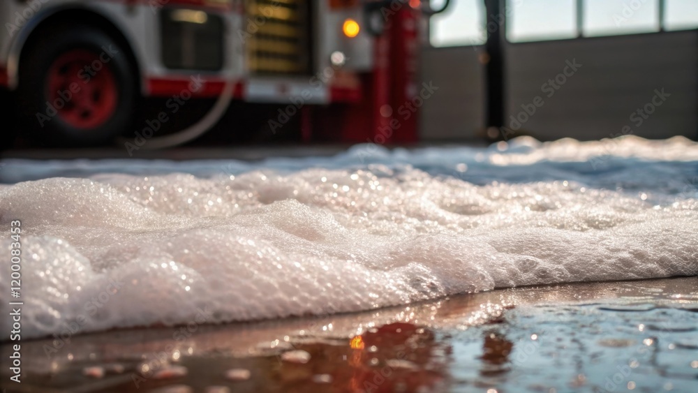 Poster a medium closeup of a fire suppression foam being deployed with foam forming a thick layer on the fl