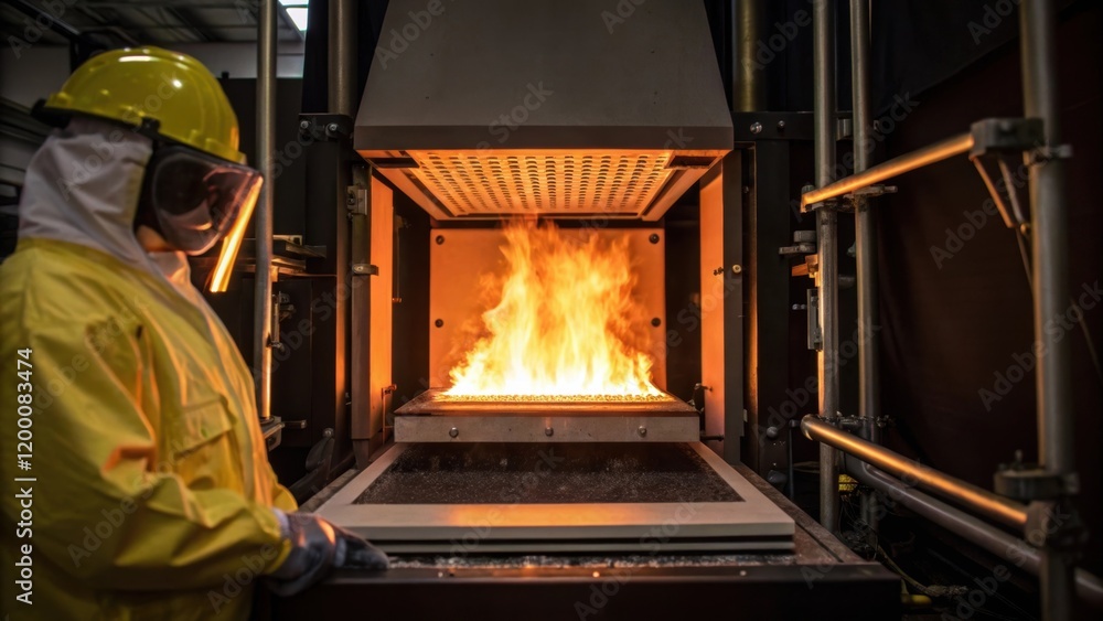 Poster a medium closeup of a flame testing setup where fireproofed materials are subjected to high temperat