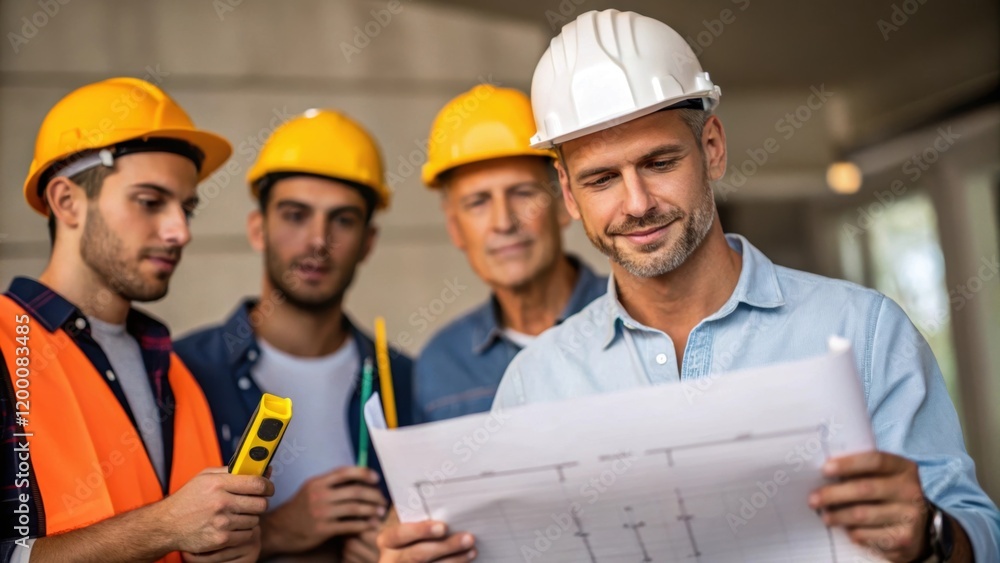 Aufkleber A medium closeup of a foreman discussing plans with crew members emphasizing the collaboration and communication a the team with blueprints and measuring tools in hand.