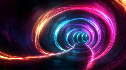 A futuristic glowing tunnel filled with twisting, neon-colored light ribbons extending infinitely...