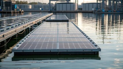 A medium closeup of a floating solar panel installation on an industrial pond with reflections shimmering on the waters surface and nearby industrial structures framing the view.