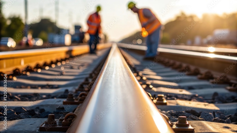 Poster a medium closeup of a freshly laid section of rail glistening in the sunlight as workers prepare the